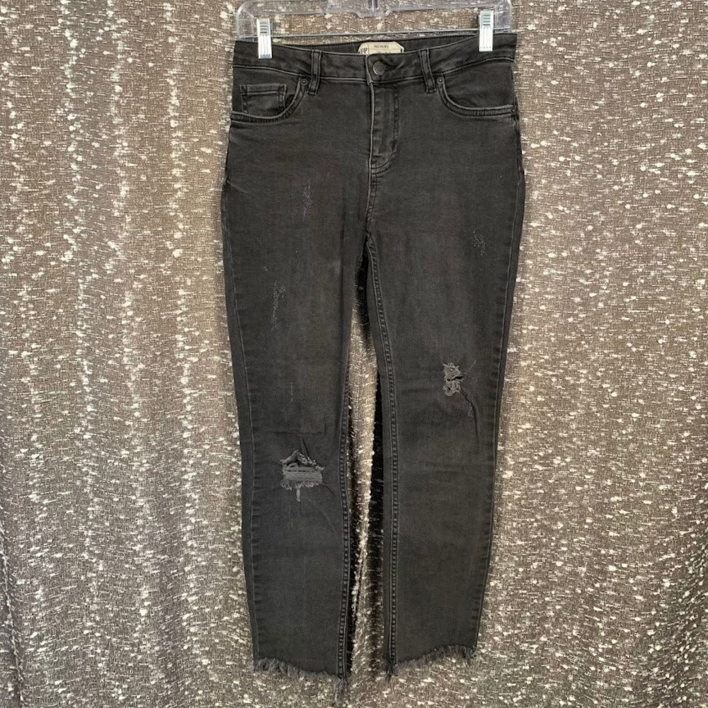 Free People Distressed Skinny Jeans Black Frayed Hem Denim Grunge Womens 26